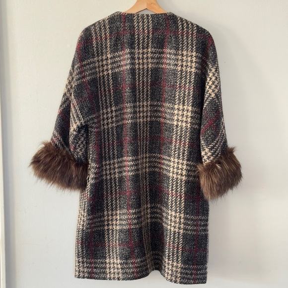 Vintage Y2K Echo Brown Wool Blend Plaid Overcoat Faux Fur Cuffs Wrap‎ Jacket M/L - Picture 5 of 15